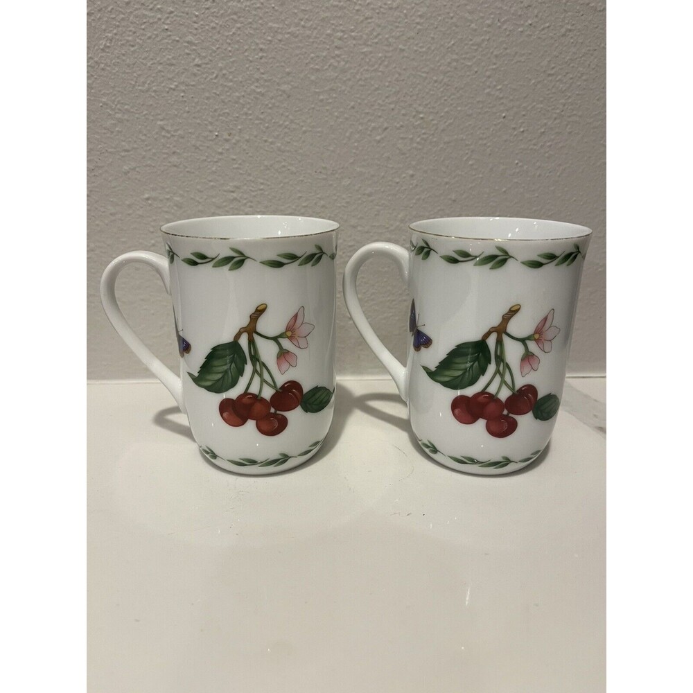Vintage Otagiri Cups Mugs Cherry Ceramic Japan Set of 2 Gold Rimmed